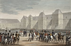 Abdikasjonen av Napoleon og hans avgang fra Fontainebleau til øya Elba, 20. april 1814, gravert av Francois Pigeot (f.1775) (akvatint)